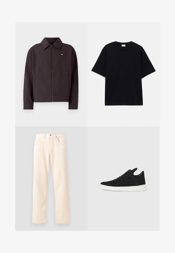 Mørkegrå bomberjakke med glidelås foran, spiss krage og sidelommer. Har et sirkulært svart logo på brystet. Glatt stoffstruktur.; Svart oversized t-skjorte med kort erm og rund hals, med synlig Filippa K-merkelapp inne i kragen.; Lys beige denim jeans med en rett ben-design, fem lommer og en front knappelukking. Sømmer synlige langs sømmene.; Sorte semskede sneakers med hvit gummisåle, med tonale sømmer og snøring. Glatt tekstur med en moderne, strømlinjeformet form.