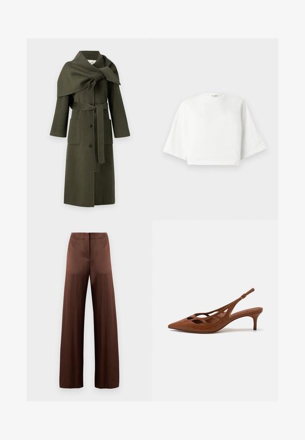 Olīvu zaļš vilnas mētelis ar šallēm līdzīgu apkakli, apsegtu dizainu, garām piedurknēm, priekšējām kabatām un atbilstošu jostu. Ar pogu aizdari.; Balts īsais krekls ar brīvu piegriezumu, platām īsām piedurknēm, apaļu kakla izgriezumu un sānu šķērsojumiem, izgatavots no mīksta kokvilnas auduma.; Brūni platleģi bikses, izgatavotas no gludas, vieglas auduma, ar plakanu fronti, bez kabatām un taisnu siluetu.; Brūnas ādas sandalēm ar atvērto papēdi, ar norādītu pirkstu, izgrieztu dizainu un izšuvuma detaļām. Tam ir tievs papēdis un regulējama josta.