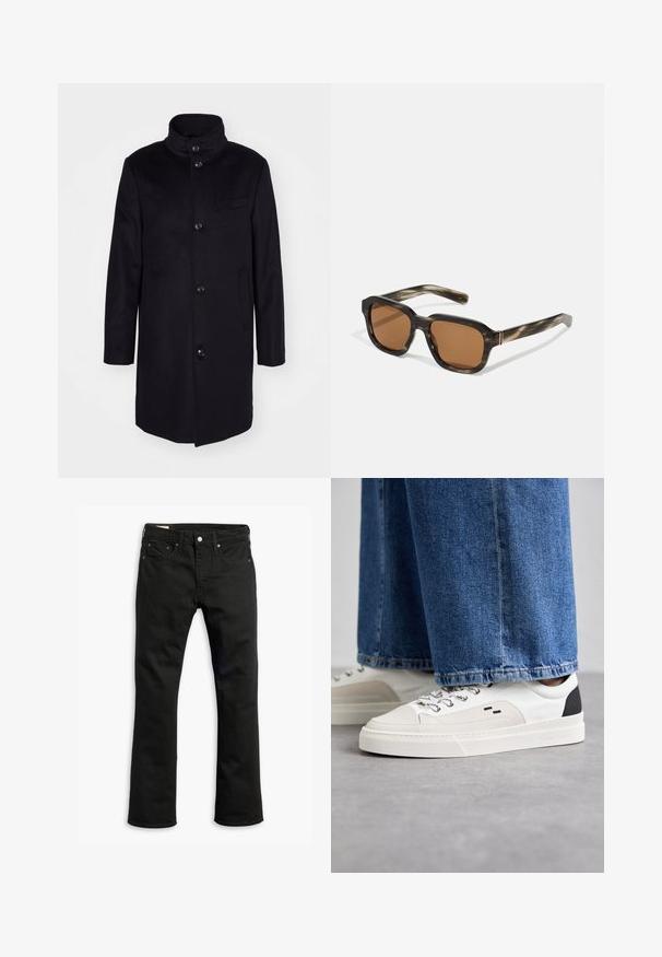Tamsiai mėlynas vilnonis paltas su aukštu apykakle, vieno mygtuko dizainu ir penkiomis didelėmis mygtukais. Turi dvi šonines kišenes ir krūtinės kišenę.; Juodas aukšto kaklo megztinis, pagamintas iš minkštos medžiagos, su ilgomis rankovėmis ir prigludusia forma. Su raukiniais apačioje ir rankogaliuose. Paprastas dizainas.; Juodos džinsinės kelnės su tiesiu kirpimu, penkiomis kišenėmis, metaliniu užsegimu ir subtiliomis siuvimo detalėmis. Lygus paviršius ir vientisa spalva.; Balti ir balti sportbačiai su lygaus odos paviršiumi, tekstūruotais akcentais ir masyviu baltu padu. Turi klasiką primenančią raištelių užsegimo sistemą.; Plastikiniai saulės akiniai su šelkės raštu, aštuonkampiais rudais lęšiais ir plonais auksiniais akcentais ant rėmo.