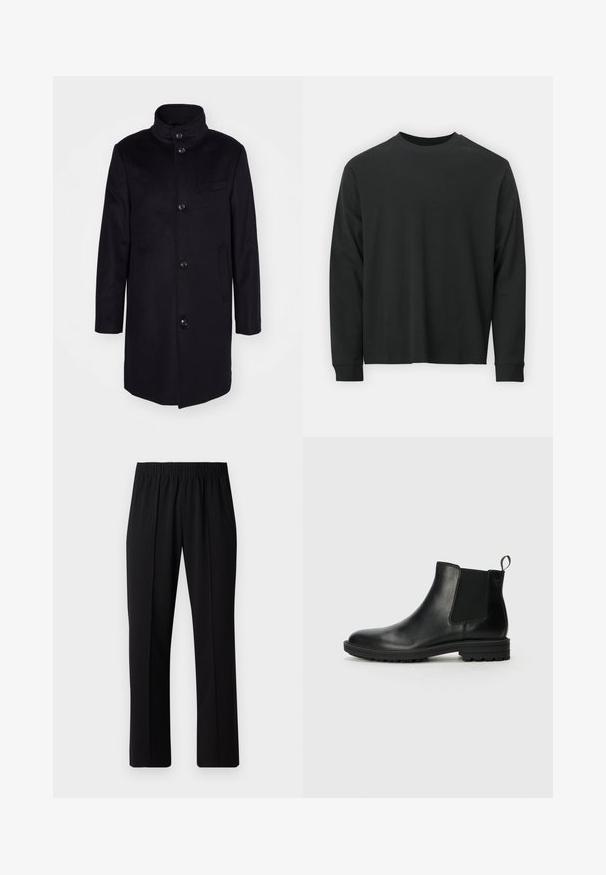 Navy wool coat with a high collar, single-breasted design, and five large buttons. Features two side pockets and a chest pocket.; Long-sleeve black T-shirt made of cotton, featuring a round neckline, loose fit, and ribbed cuffs. Smooth texture with no visible patterns.; Black, elastic-waist trousers with a straight-leg design, featuring a smooth texture and no visible patterns or hardware.; Jack & Jones JFWHOSKINS - Classic ankle boots - anthracite