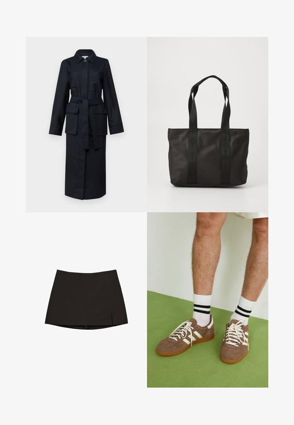 Dlhý tmavomodrý kabát s pruhmi, s golierom, dlhými rukávmi, opaskom v páse, dvoma veľkými prednými vreckami a rovný strih.; Tri biele bavlnené tričká s krátkymi rukávmi a okrúhlym výstrihom, s hladkou textúrou a konzistentným dizajnom.; Čierna mini sukňa z hladkej látky, so strihom na rovno, s bočnými rozparkami a čistým lemom. Jednoduchá a univerzálna.; Hnedé zamatové tenisky s bielymi akcentmi a šnúrkami. Gumová podrážka. Nosené s bielymi ponožkami so čiernymi pruhmi. Zelená textúrovaná podlaha.; Čierna nylonová taška s dvoma pevným uchami, s textúrovaným povrchom a embosovaným logom. Jednoduchý dizajn bez akýchkoľvek dodatočných ozdôb.