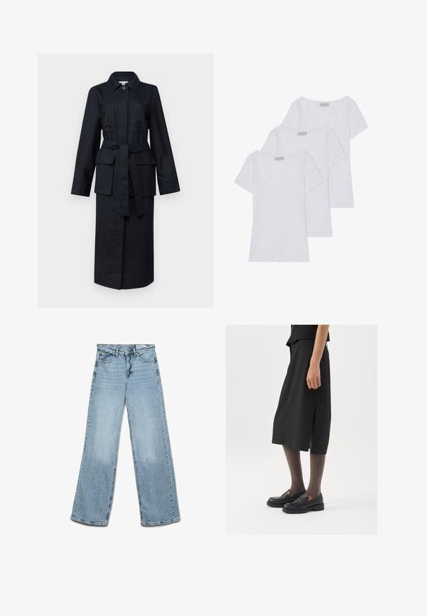 Hosszú, sötétkék csíkozott kabát, galléros nyakkal, hosszú ujjaival, öves derékkal, két nagy elülső zsebbel és egyenes fazonnal.; Három fehér pamut póló rövid ujjakkal és lekerekített nyakkivágással, sima textúrával és egységes dizájnnal.; Világoskék, bő szabású farmernadrág, klasszikus öt zsebes dizájnnal, egyenes vonallal és minimális kopással a lábszáron.; Fekete térdihossziruhával oldalszlittel, fekete loaferekkel és áttetsző barna harisnyával párosítva, sima anyagú és egyszerű dizájnú.