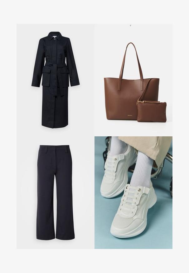 Pikk, tumedat siniste triipudega jakk, millel on kraega kaelus, pikad varrukad, vöödiga talje, kaks suurt esist pocketit ja sirge lõige.; Valge lühikeste varrukatega T-särk laia ümaraha kaelusega ja tekstureeritud ribapatterniga, pehmest kangast, lõdva istuvuse ja puhta disainiga.; Laiad püksid tumedast mereväe kangast. Omavad lamedat esit, vöökohasid ja külgtaskuid. Materjal on sile ja veidi veniv.; Valged spordijalatsid, millel on võrkmaterjal, kummitald, sidumata disain elastsete riba ja kuldsete detailidega.; Pruun kunstnahast kott kahe pika käepidemega ja sobiva väikese kotti. Pinna peal on tekstuuriga muster ja kuldsed metallist detailid.