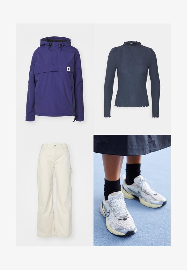 Lila Kapuzenjacke mit einem halben Reißverschluss-Design, einer Fronttasche und elastischen Bündchen. Gefertigt aus leichtem, wasserabweisendem Material.; Marinefarbener Langarmoberteil in gerippter Textur. Verfügt über einen hohen Kragen mit gewelltem Rand und ein schlankes Design.; Weite Hosen aus hellem beigen Stoff mit hoher Taille, Fronttaschen und seitlichem Schlaufen-Detail für zusätzlichen Komfort.; Weiße und silberne Nike-Sneaker aus Mesh-Gewebe, mit reflektierenden Akzenten und einer beigen Sohle. Getragen mit schwarzen Socken und stehend auf einer blauen Fläche.