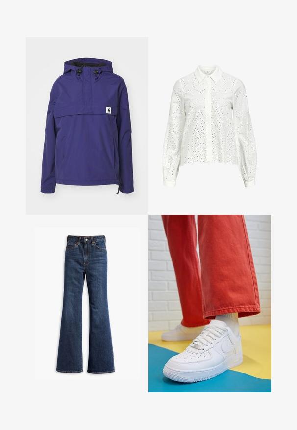 Lilla hættejakke med halv lynlås-design, frontlomme og elastiske manchetter. Fremstillet af letvægts, vandafvisende materiale.; Hvid langærmet skjorte med krave, der har øjenbroderi i et paisley-mønster og knaplukninger nedad foran.; Højtaljede mørkeblå denim jeans med udvidede ben, frontknap og lynlås lukning, samt fem-lommer design.; Hvide lædersneakers med perforeret tå-kasse, tekstureret sål og hvide snørebånd, parret med brede røde bukser og en blå-gul baggrund.