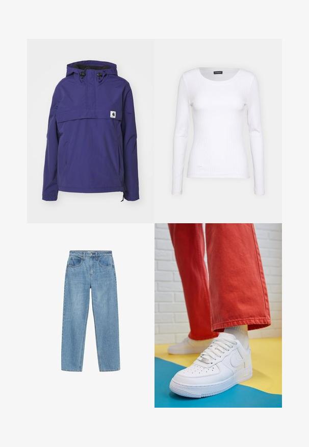 Vijolična jakna s kapuco in polovičnim zadrgo, sprednja žepa in elastičnimi manšetami. Narejena iz lahkega, vodoodpornega materiala.; Bela rebrasta majica z dolgimi rokavi in okruglim izrezom. Narejena iz elastičnega materiala, ki se prilega telesu. Značilen je diskreten horizontalni potisk.; Svetlo modri traper hlače s ravnim krojem, visokim pasom, dvema sprednjima žepoma in klasičnim gumbom za zapiranje. Rahlo zbledene in brez okrasnih elementov.; Beli usnjeni športni čevlji s perforiranim prstnim delom, teksturiranim podplatom in belimi vezalkami, v kombinaciji s širokimi rdečimi hlačami in modro-rumeno ozadje.