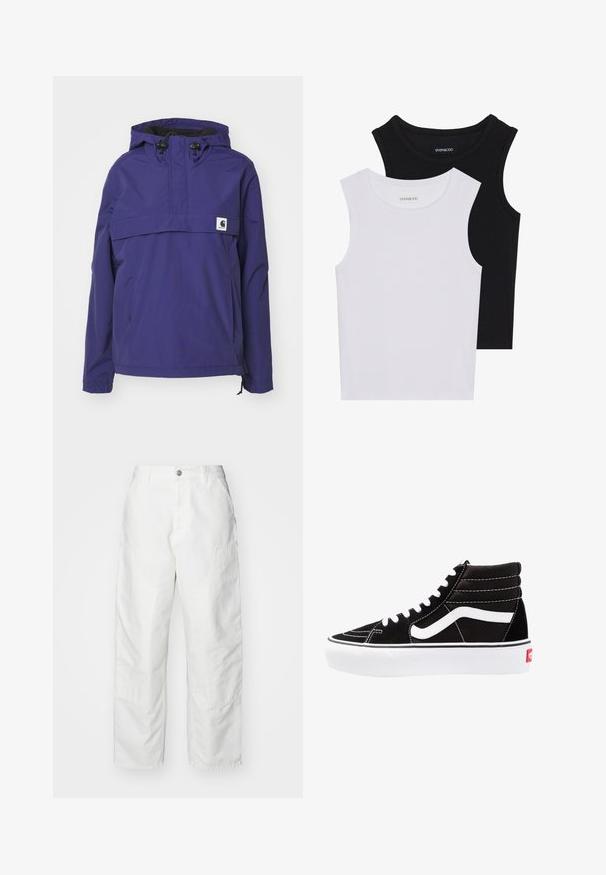 Lila Kapuzenjacke mit einem halben Reißverschluss-Design, einer Fronttasche und elastischen Bündchen. Gefertigt aus leichtem, wasserabweisendem Material.; Zwei ärmellose Oberteile in Schwarz und Weiß, aus geripptem Baumwollstoff, mit runden Ausschnitten und einem taillierten Design. Etiketten auf beiden sichtbar.; Weiße Cargo-Hosen aus Denim mit lockerer Passform, Seitentaschen und sichtbaren Nähdetails. Schlichte Vorderseite mit Knopfverschluss.; Schwarze High-Top-Sneaker mit weißen Schnürsenkeln, einem weißen Logo und kontrastierendem weißen Nähten. Verfügt über eine dicke weiße Sohle und ein strukturiertes Wildleder-Obermaterial.