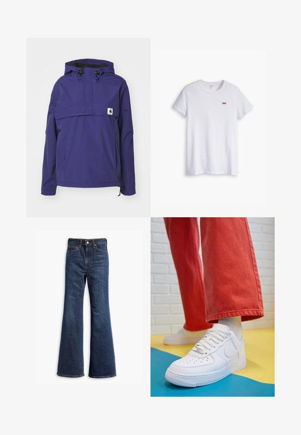 Vijolična jakna s kapuco in polovičnim zadrgo, sprednja žepa in elastičnimi manšetami. Narejena iz lahkega, vodoodpornega materiala.; Bela bombažna majica s kratkimi rokavi in okroglim izrezom. Ima majhen rdeč Levi's logo na levi strani prsnega predela.; Visoko pasovi temno modri kavbojki z razširjenimi nogami, sprednja zadrga in gumbe, ter zasnova s petimi žepi.; Beli usnjeni športni čevlji s perforiranim prstnim delom, teksturiranim podplatom in belimi vezalkami, v kombinaciji s širokimi rdečimi hlačami in modro-rumeno ozadje.