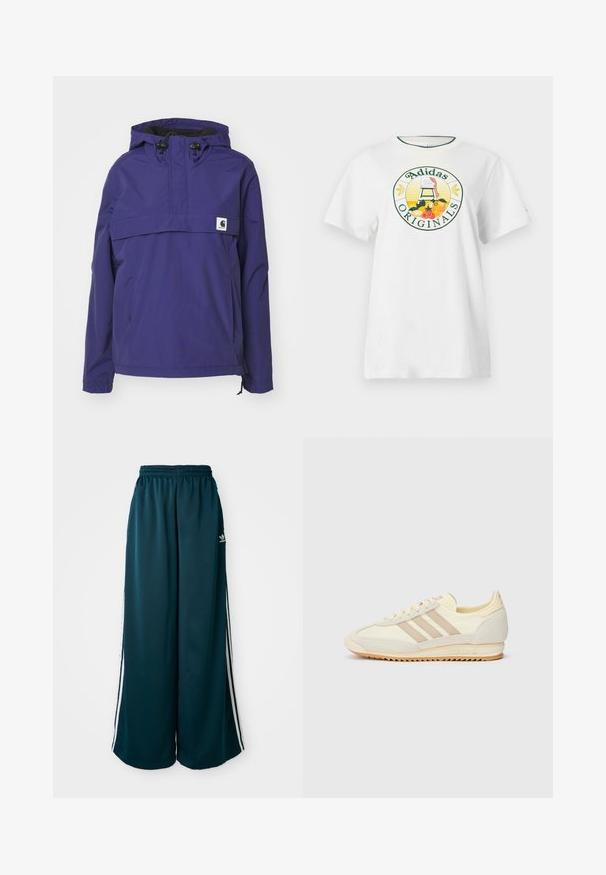 Veste à capuche violette avec un design à demi-zip, poche avant et poignets élastiques. Fabriquée en matériau léger et résistant à l'eau.; T-shirt en coton blanc à manches courtes, avec un logo graphique rond en vert et jaune, affichant "Adidas Originals" et des motifs de fruits.; Pantalons de sport larges teal avec une taille élastique, présentant trois rayures blanches sur les côtés et un logo Adidas sur le côté gauche.; Sneaker athlétique crème avec trois rayures beiges, en matériaux en suède et textile, une semelle texturée et une marque en relief sur le talon.