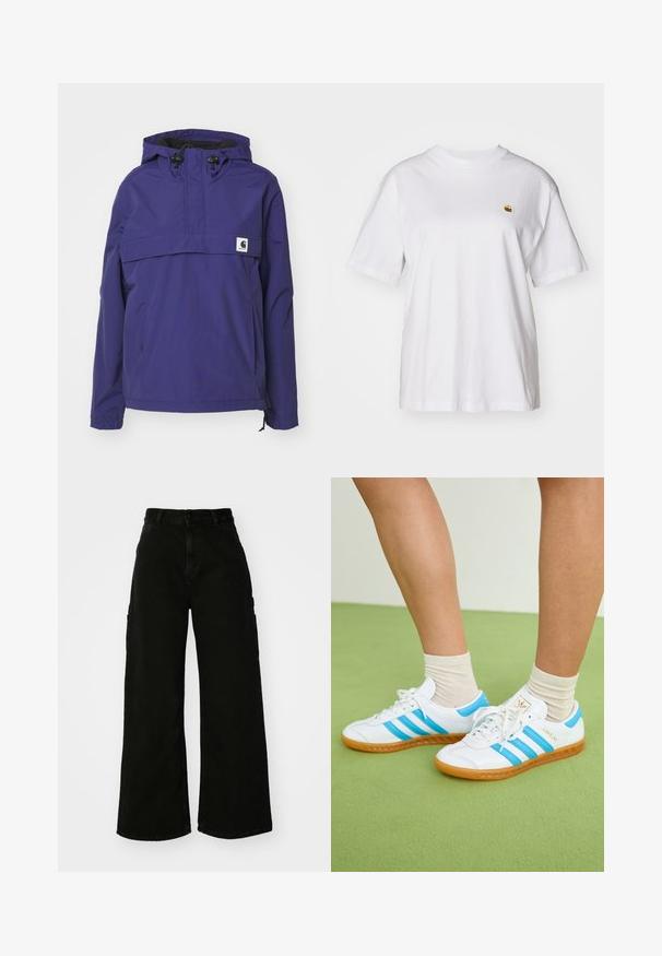 Jachetă cu glugă mov, cu un design cu jumătate de fermoar, buzunar frontal și manșete elastice. Confectionată dintr-un material ușor, rezistent la apă.; Tricou alb din bumbac cu o croială lejeră, mâneci scurte și un mic logo brodat în zona stângă a pieptului.; Pantaloni cargo negri, cu pantaloni largi din denim, având talie înaltă, închidere cu fie-button în față și buzunare laterale. Textură netedă cu cusături minime.; Tenisi albi cu dungi albastre deschise, talpă din cauciuc și design cu șireturi. Prezintă branding auriu și o textură netedă asemănătoare cu pielea.
