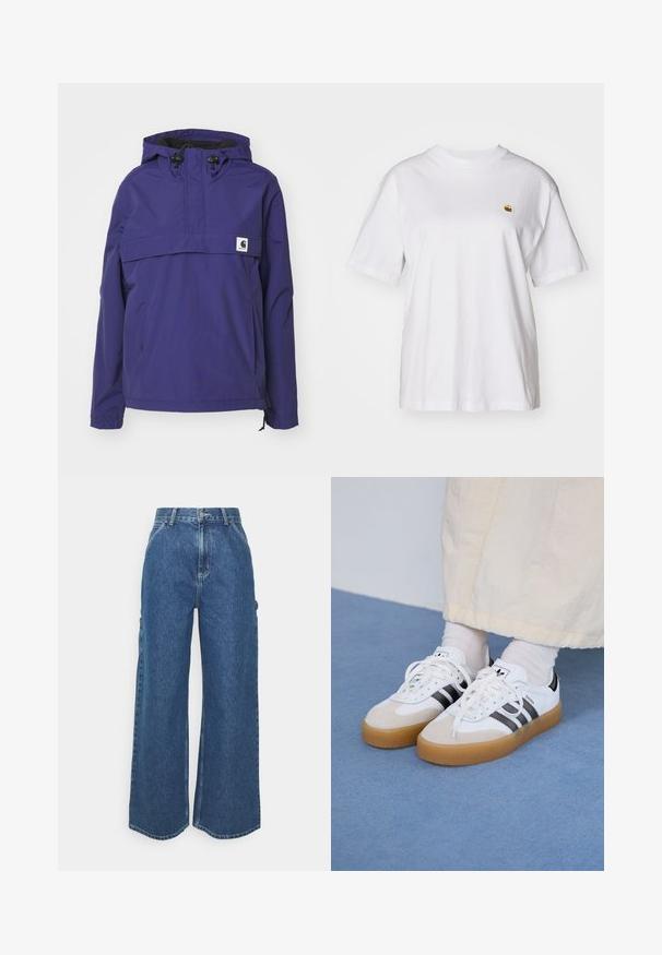 Casaco roxo com capuz, com um design de meio zip, bolso frontal e punhos elásticos. Feito de um material leve e resistente à água.; T-shirt branca de algodão com um corte descontraído, mangas curtas e um pequeno logótipo bordado na área do peito esquerdo.; Calças de ganga azuis de perna larga com cintura alta, costuras em contraste e bolsos laterais, apresentando um design clássico de cinco bolsos e bainhas desfiadas.; Ténis brancos com riscas pretas e detalhes em camurça bege. Apresentam uma sola de borracha texturizada e atacadores brancos lisos, usados com meias de tom claro.