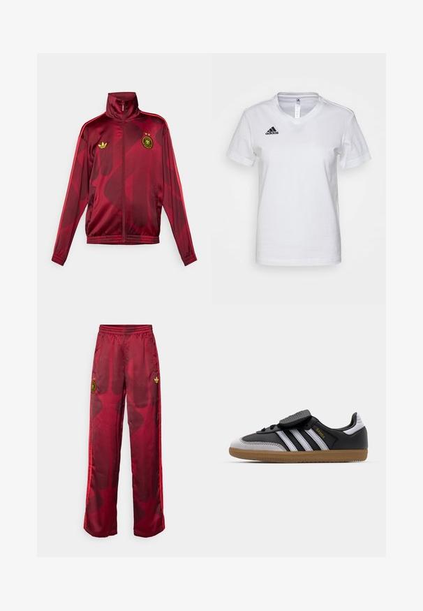 Red track jacket with a high collar, featuring a geometric pattern, green Adidas logo, and an emblem with two stars on the chest.; White cotton t-shirt with a V-neck design, short sleeves, and a black Adidas logo on the left chest area. Smooth texture, classic fit.; Red track pants with a gradient design, featuring a gold emblem and three red stripes down the sides. Made from smooth, lightweight material.; Black leather and gray suede sneaker with white stripes, rubber gum sole, lace-up front, and Velcro strap. Features "Samba" branding in gold.