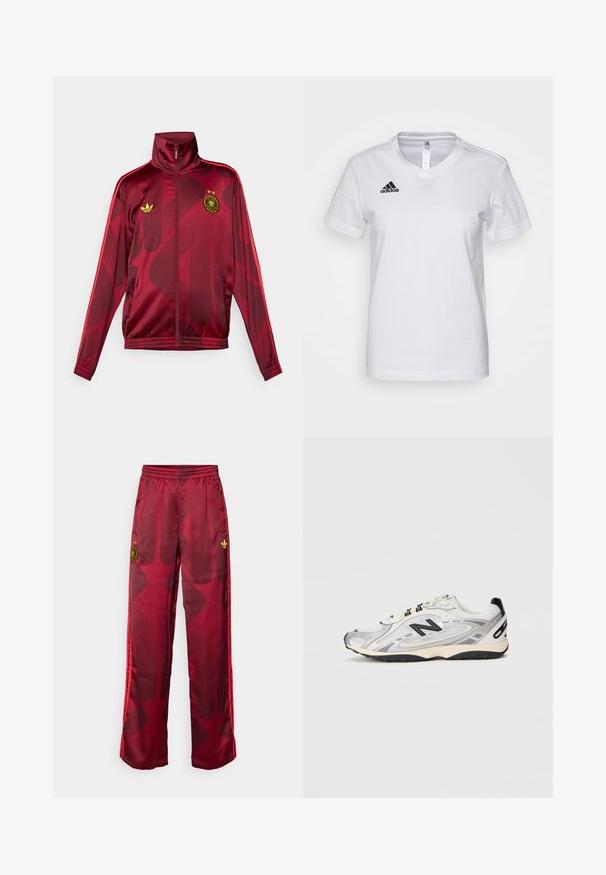 Röd träningsjacka med hög krage, med ett geometriskt mönster, grön Adidas-logotyp och ett emblem med två stjärnor på bröstet.; Vit bomull T-shirt med V-halsdesign, korta ärmar och en svart Adidas-logotyp på vänster bröstområde. Slät текстur, klassisk passform.; Röda track pants med en gradientdesign, som har ett guldemblem och tre röda ränder längs sidorna. Tillverkade av ett smidigt och lätt material.; Grå och vit träningssko med rundad tå, mesh och syntetiska material, svarta accenter och en texturerad gummisula.