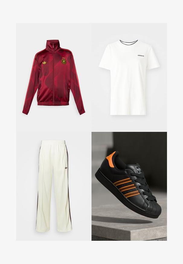 Raudona sportinė striukė su aukštu apykakle, turinti geometrinį raštą, žalią Adidas logotipą ir emblema su dviem žvaigždėmis ant krūtinės.; Balta medvilnė marškinėliai su trumpomis rankovėmis ir apvalia iškirpte. Ant krūtinės yra juodas Adidas logotipas, o vidinė apykaklė yra kontrastinga juoda.; Kreminės spalvos laisvos kelnės, turinčios tamsiai rudas šonines juostas ir išsiuvinėtą logotipą kairiajame šlaunyje.; Juodas sportinis batelis su oranžiniais akcentais, trimis horizontaliomis juostelėmis, tekstūruota odinė viršutinė dalis, guminiu nosių dangteliu ir juodomis raišteliais.