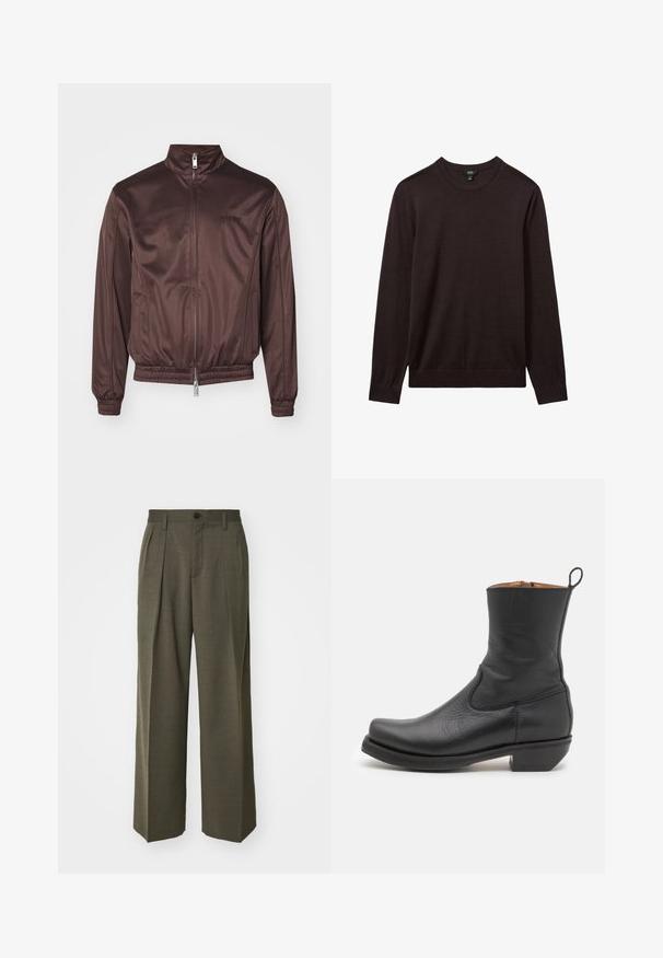Brun bombarjacka i glänsande tyg med hög krage, framzip, elastiska ärmslut och midja. Har minimal logotyp på bröstet.; Reiss Stickad tröja - dark bordeaux; Filippa K WIDE TROUSERS - Tygbyxor - driftwood; Svart läderankelsko med en slät yta, smal profil, sidostickningar och en låg, fyrkantig klack. Har en dra-flik bak.