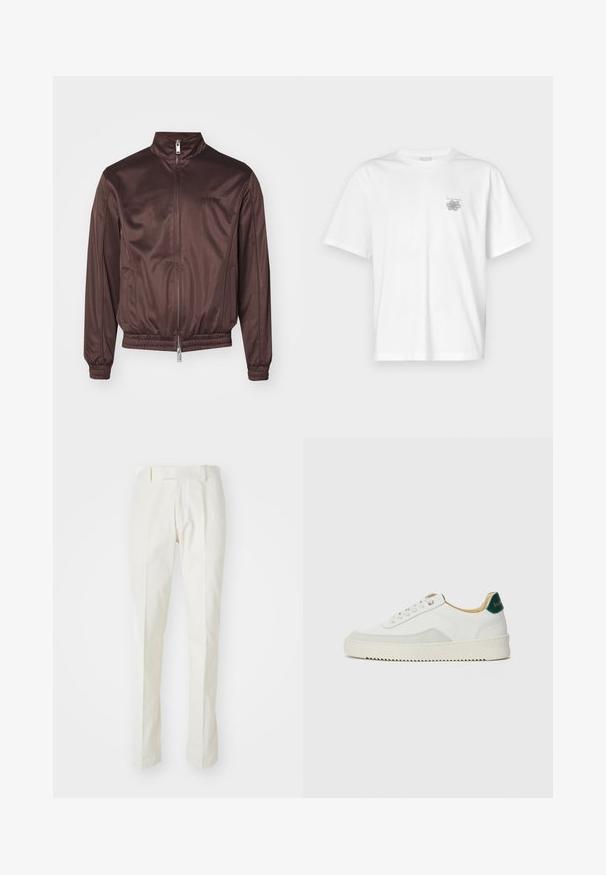 Brun pilotjakke laget av blankt stoff med høy krage, frontglidelås, elastiske mansjetter og midjebånd. Har minimal merkevare på brystet.; Hvit T-skjorte laget av bomull, med korte ermer, rund hals og en liten grå logo på venstre brystområde. Smooth tekstur.; Hvite bukser laget av bomull, med rett ben-design, flat front og uten synlige mønstre eller metallkomponenter. Glatt tekstur.; Hvit sneakers med semsket detaljer, rund tå, flate snøringer og en kremfarget gummisåle. Har grønn merking på hælen.
