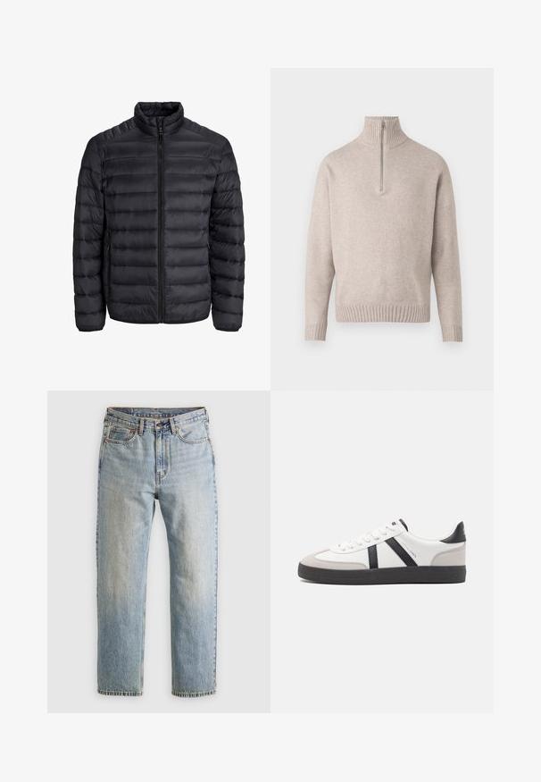 Mustmust pandjak musta värviga, horisontaalselt quiltitud disainiga, täispikku lukuga, kõrge kraega ja elastsete mansettidega. Kerge, sile tekstuur.; Beige neljandiku-kraega kapuutsiga sviiter pehmest kudumiskangast. Omab soonikkoes krae ja varrukaääri, lõdva istuvuse ja sujuva disainiga.; Heledad hele sinine teksapükste kõrge vöökoht, ees nupuga, lukuga ja viie taskuga disain, asetatud tasasele neutraalsele taustale.; Valged tossud mustade ja hallide aktsentidega, tekstureeritud halli varbakattega, musta kummitald ja lamedad valged paelad. Puhtad jooned, minimalistlik stiil.