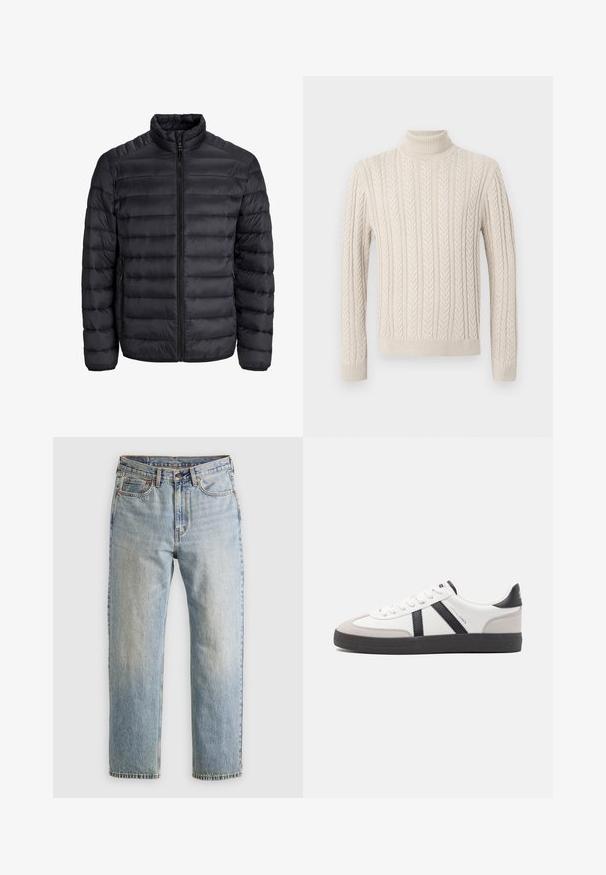 Fekete puffasztott dzseki vízszintesen steppelt mintával, teljes hosszúságú cipzárral, magas gallérral és elasztikus ujjvégekkel. Könnyű, sima tapintású.; Beige, kötött pulóver magas, bordázott garbónyakkal. Texturált fonott minta és bordázott mandzsetta valamint alj jellemzi, ami kényelmes megjelenést kölcsönöz.; Világoskék farmernadrág magas derékkal, elülső gombbal, cipzárral és öt zsebbel, sima háttérre fektetve.; Fehér sneaker fekete és szürke részletekkel, textúrált szürke orr résszel, fekete gumitalppal és lapos fehér fűzőkkel. Tiszta dizájn, minimalista stílus.