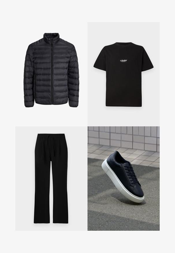 Schwarze Steppjacke mit horizontaler Steppung, durchgehendem Reißverschluss, hohem Kragen und elastischen Bündchen. Leicht und mit glatter Textur.; Schwarzes Baumwoll-T-Shirt mit rundem Halsausschnitt und kurzen Ärmeln. Verfügt über ein weißes "JJ Studios"-Logo im oberen Brustbereich.; Schwarze Hose mit lockerem Schnitt, ausgestattet mit einem elastischen Bund und Kordelzug. Glatte Textur, gerades Bein, keine sichtbaren Taschen.; Schwarze Leder-Sneaker mit runder Zehenpartie und weißer Gummisohle. Verfügt über flache Schnürsenkel und minimale Nähte im Obermaterial. Strukturiertes Sohlenprofil für besseren Halt.