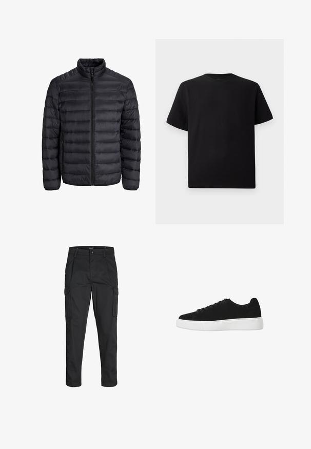 Zwarte pufferjack met een horizontaal geborduurd ontwerp, volledige rits sluiting, hoge kraag en elastische manchetten. Lichtgewicht, gladde textuur.; Zwarte T-shirt met korte mouwen van gemerceriseerd stof, met een ronde halslijn en een relaxte pasvorm. Eenvoudig, zonder patronen of accenten.; Zwarte cargobroek van stevig stof, met meerdere zakken, een knoopsluiting en een slim fit ontwerp met taps toelopende benen.; Zwarte suède sneaker met een afgeronde neus, vetersluiting aan de voorkant en witte rubberen zool. Eenvoudig ontwerp met minimale accenten en een gladde textuur.