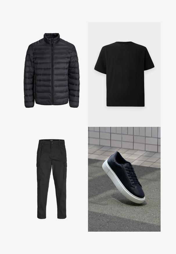 Giacca a vento nera con design a cuciture orizzontali, chiusura con zip completa, collo alto e polsini elasticizzati. Leggera, con texture liscia.; T-shirt corto nero a maniche corte realizzato in tessuto testurizzato, con scollatura rotonda e vestibilità comoda. Semplice, senza motivi o dettagli.; Pantaloni cargo neri realizzati in un tessuto resistente, dotati di molteplici tasche, chiusura con bottone e un design aderente con gambe affusolate.; Sneaker in pelle nera con punta arrotondata e suola in gomma bianca. Presenta lacci piatti e cuciture minime sulla parte superiore. Suola testurizzata per una migliore aderenza.