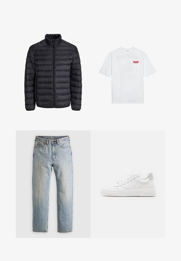 Casaco puffer preto com design acolchoado horizontal, fecho de correr total, gola alta e punhos elásticos. Leve, com textura suave.; T-shirt branca de algodão com mangas curtas, decote redondo e um gráfico vermelho com o texto "FRUTA DELICIOSA E REFRESCANTE" na frente.; Jeans de ganga azul claro com cintura alta, fecho frontal, zipper e design de cinco bolsos, dispostos de forma plana sobre um fundo neutro.; Ténis brancos em pele com acabamento suave, biqueira arredondada, atacadores planos e sola texturizada. Acento em camurça cinza na parte do calcanhar.