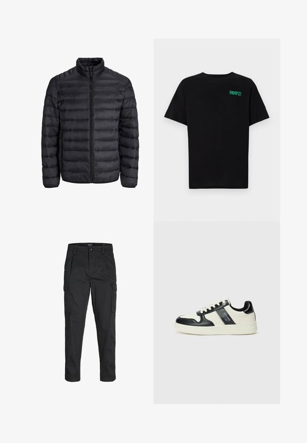Jachetă puf din material negru cu design cu cusături orizontale, închidere cu fermoar pe toată lungimea, guler înalt și mâneci elastice. Ușoară, cu o textură netedă.; Tricou negru din bumbac, cu mâneci scurte. Prezintă un logo verde "ROOTS" pe față, guler rotund și o potrivire standard.; Pantaloni cargo negri dintr-un material rezistent, cu multiple buzunare, închidere cu nasture și un design slim fit cu picioare conice.; Tenisi din piele cu un scheme de culori negru și crem, dotati cu accente perforate, guler căptușit și o talpă texturată.