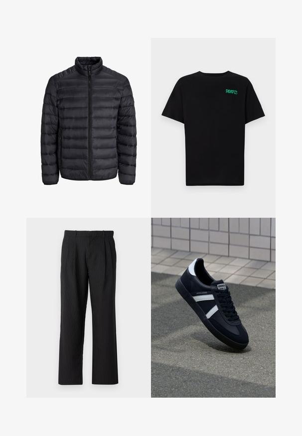Zwarte pufferjack met een horizontaal geborduurd ontwerp, volledige rits sluiting, hoge kraag en elastische manchetten. Lichtgewicht, gladde textuur.; Zwarte T-shirt van katoen met korte mouwen. Heeft een groen "ROOTS" logo op de voorkant, een ronde halslijn en een standaard pasvorm.; Jack & Jones JPSTBILL JJDAYTONA WIDE - Broek - black; Zwarte leren sneaker met witte strepen, een gestructureerde rubberen zool en vetersluiting aan de voorkant. Voorzien van een merklabel op de tong.