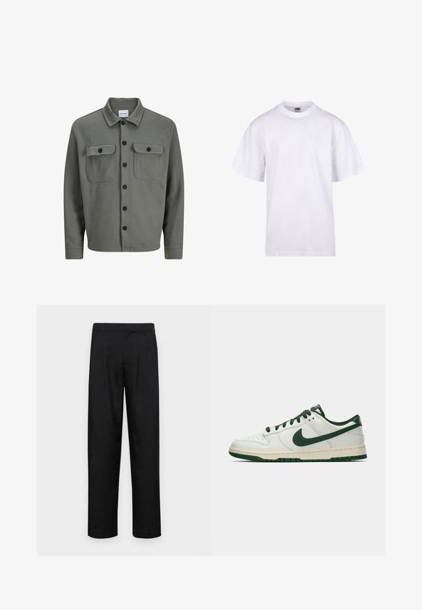 Grå, vævet skjortejakke med knaplukning foran, to brystlommer med klapper og en klassisk krave. Sorte knapper fremhæver kontrasten.; Hvid bomulds T-shirt med rund halsudskæring, korte ærmer og en afslappet pasform. Har et enkelt design uden mønstre eller dekorationer.; Sorte bukser lavet af glat stof, med et lige ben-design, to frontfolder og en standard talje med bæltestropper.; Hvide lavtop sneakers med mørkegrøn Nike swoosh, snørebånd og sål accenter, vist i profil på en ensfarvet hvid baggrund.