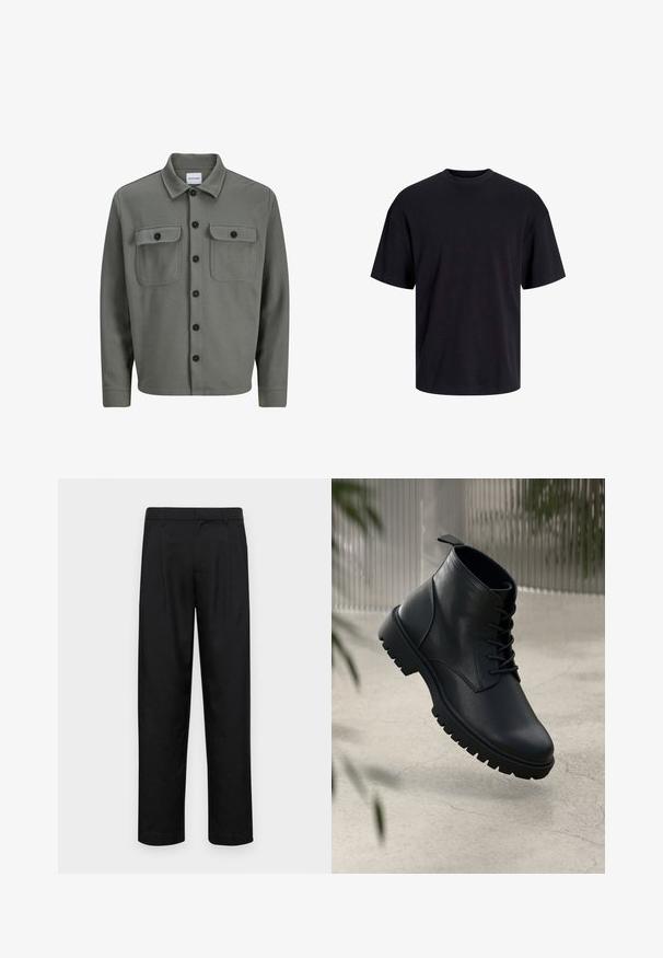 Gray, woven shirt jacket featuring a button-down front, two chest pockets with flaps, and a classic collar. Black buttons enhance contrast.; Black cotton t-shirt with a crew neckline, short sleeves, and a relaxed fit. Smooth texture and no visible patterns or accents.; Black trousers made of smooth fabric, featuring a straight-leg design, two front pleats, and standard waistband with belt loops.; Black leather ankle boots with a rounded toe, lace-up design, and rugged rubber sole. Smooth texture with a pull tab at the back.