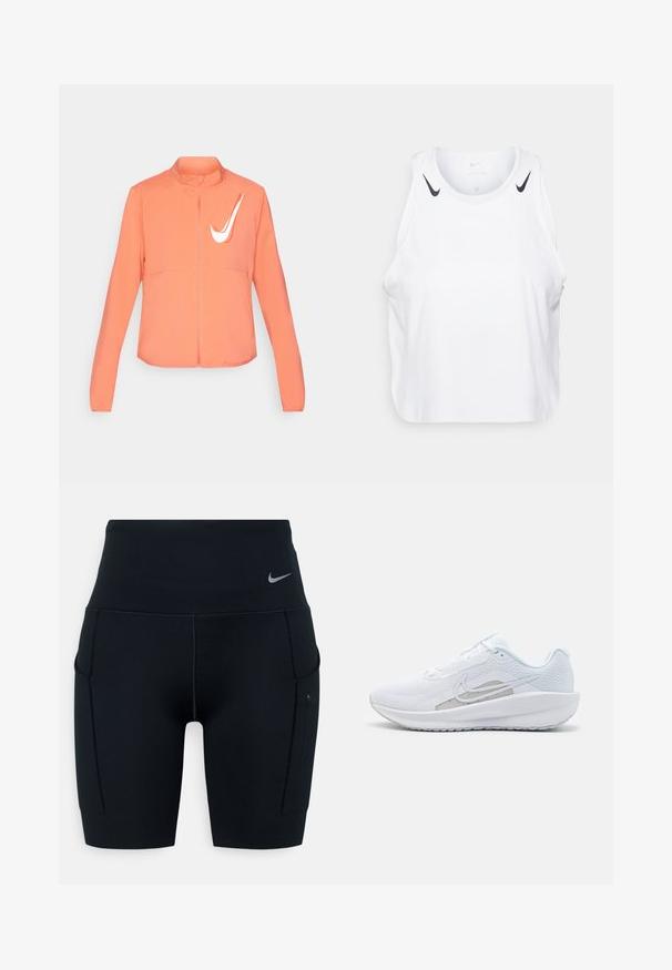 Lightweight orange jacket with a high collar, full front zipper, and white logo on the left chest. Features long sleeves and a smooth texture.; White sleeveless tank top made of lightweight fabric, featuring black Nike logo accents on shoulders, round neckline, and relaxed fit.; Black high-waisted athletic shorts made of stretchy material; features side pockets and a small Nike logo on the waistband.; White athletic shoe with mesh upper, rounded toe, and textured sole. Features a silver Nike swoosh and minimalistic design.