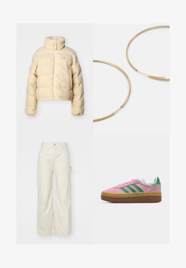 Krémová fleecová bunda s vysokým límcem, zapínáním na zip a nadýchaným designem. Obsahuje prošité detaily a malé logo na hrudi.; Kratký svetřík s leopardím potiskem, dlouhými rukávy, černým žebrovaným lemem a třemi bílými pruhy na každém rukávu. Obsahuje malé logo na hrudi.; Široké kalhoty z světle béžové látky, s vysokým pasem, předními kapsami a bočním poutkem pro větší funkčnost.; Růžové semišové tenisky se zelenými pruhy, bílými akcenty a hnědou gumovou podrážkou. Mají strukturovanou tkaninu a detail s logem na boku.; Zlaté kruhové náušnice, tenké a kulaté, s hladkým kovovým povrchem a bez zdobení či vzorů.