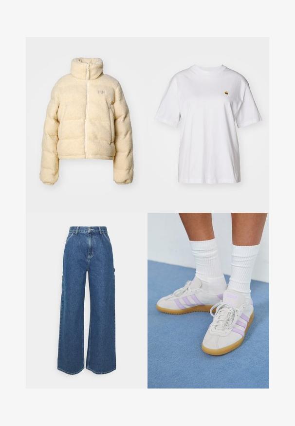 Kremowa polarowa kurtka z wysokim kołnierzem, zamek z przodu i puszystym krojem. Posiada przeszycia oraz małe logo na klatce piersiowej.; Biała bawełniana koszulka z luźnym krojem, krótkimi rękawami i małym haftowanym logo po lewej stronie klatki piersiowej.; Szerokie niebieskie dżinsowe spodnie z wysokim stanem, kontrastowymi szwami i bocznymi kieszeniami, z klasycznym pięciokieszeniowym wzorem i surowymi brzegami.; Jasnoszare zamszowe sneakersy z trzema liliowymi paskami, gumową podeszwą, płaskimi sznurówkami i białymi prążkowanymi skarpetkami. Na tle niebieskiego tła.