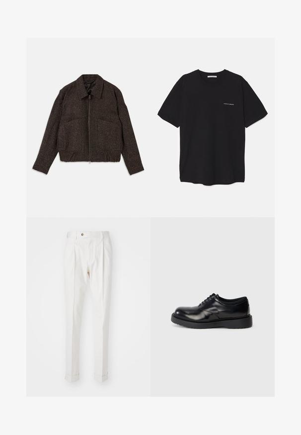 Bruin gestructureerd jack met een ritssluiting, colkraag, twee voortassen en een getailleerde taille. Het materiaal lijkt geweven met een subtiel patroon.; Zwarte katoenen T-shirt met een ronde hals, korte mouwen en een witte logo-print op de linkerkant van de borst. Eenvoudig, effen kleur ontwerp.; Witte, op maat gemaakte broeken met een platte voorkant, twee plooien en omgeslagen pijpen. Gemaakt van een gladde stof met een knoopsluiting in de taille.; Zwarte leren veterschoen met een ronde neus, een glad oppervlak en een dikke rubberen zool met subtiele groeven voor grip.