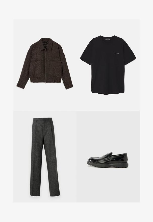 Καφέ υφασμάτινο μπουφάν με φερμουάρ, γιακά, δύο μπροστινές τσέπες και εφαρμοστή μέση. Το υλικό φαίνεται ύφαντο με υποτυπώδες σχέδιο.; Μαύρο βαμβακερό T-shirt με στρογγυλή λαιμόκοψη, κοντά μανίκια και λευκή εκτύπωση λογότυπου στην αριστερή πλευρά του στήθους. Απλός, μονόχρωμος σχεδιασμός.; Γκρι tailored παντελόνι από υφασμάτινη υφή, με δύο καμπυλωτές πτυχές μπροστά και ίσια γραμμή. Χωρίς ορατές τσέπες ή διακοσμητικά στοιχεία.; Μαύρο δερμάτινο λούστρο με γυαλιστερή φινίρισμα, στρογγυλή μύτη, διακριτικές ραφές και παχύ καουτσούκ σόλα για ανθεκτικότητα.