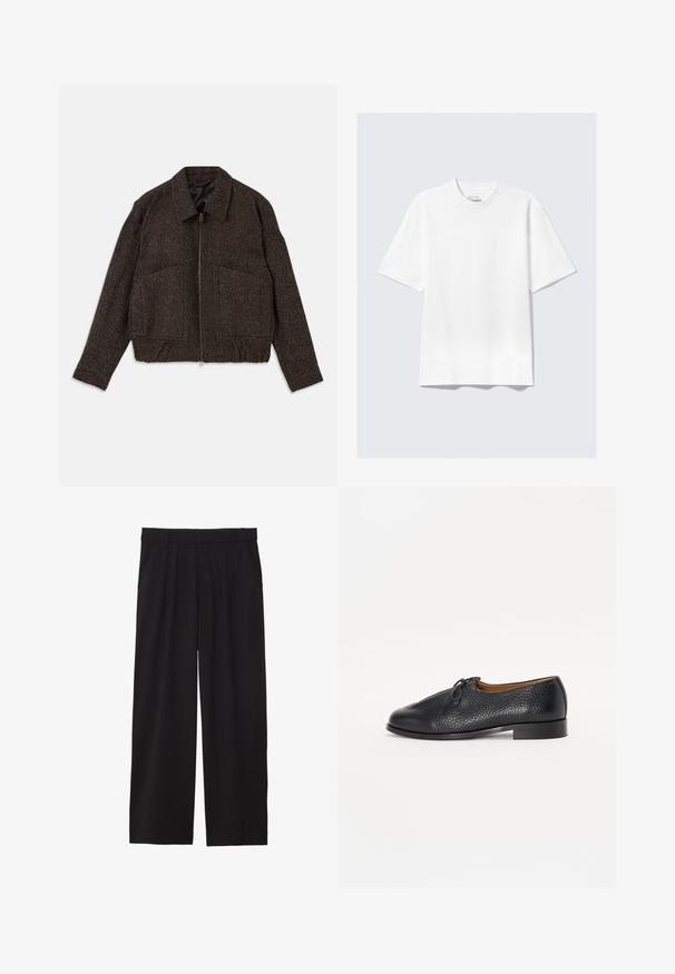 Barna, textúrált dzseki, cipzárral záródik, galléros nyakkal, két elülső zsebbel és karcsúsított derékkal rendelkezik. Az anyag szőttnek tűnik, finom mintázattal.; Sima fehér, rövid ujjú, laza szabású póló, laposan elhelyezve világosszürke háttéren.; Fekete, bőszárú nadrág, pliszírozott elülső résszel, oldalsó zsebekkel és sima szövettextúrával. Lazább, kényelmes szabású.; Fekete bőr cipő, texturált felszínnel, kerek orral és apró masni díszítéssel a felső részen. Alacsony, masszív sarokkal rendelkezik.