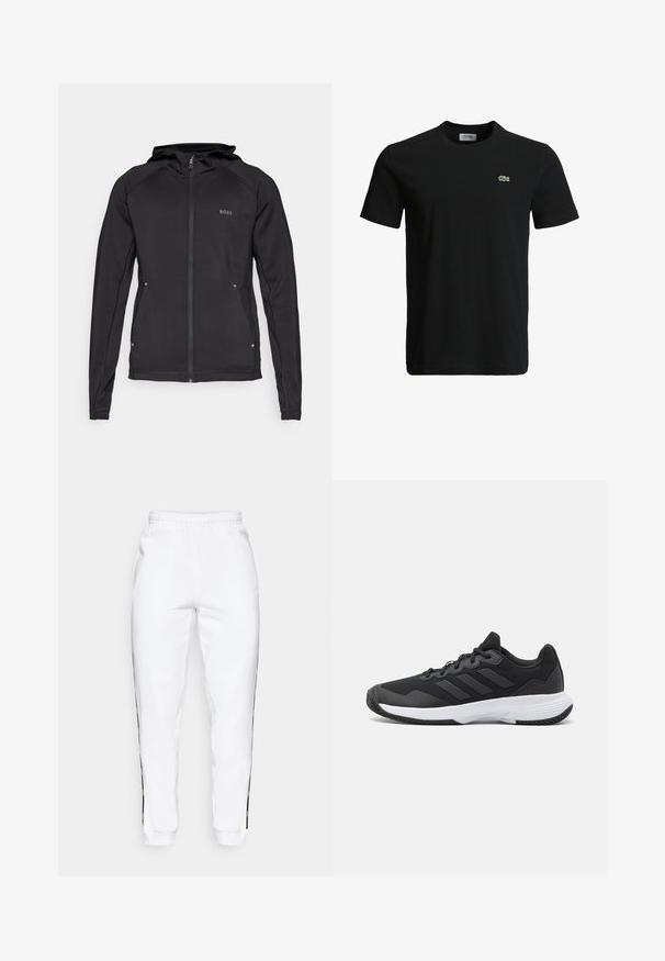 Must mustriga jope, millel on lukuga esiosa, kapuuts ja lame õmblused. Ees on logo vasakul üleval ja all on peegeldavad detailid.; Must musta T-särk ümarate kaelustega, lühikeste varrukatega ja väikese rohelise krokodilli logoga vasakul rinnal. Sile tekstuur, igapäevane disain.; Valged dressipüksid elastse vöökoha ja mustade külgtriipudega. Valmistatud pehmest kangast, millel on sile tekstuur.; Must värvi sportlik king, millel on tekstuuriga pealispind, kolm horisontaalset triipu ja valge põhi mustriga tallaga. Kerge ja voolujooneline disain.