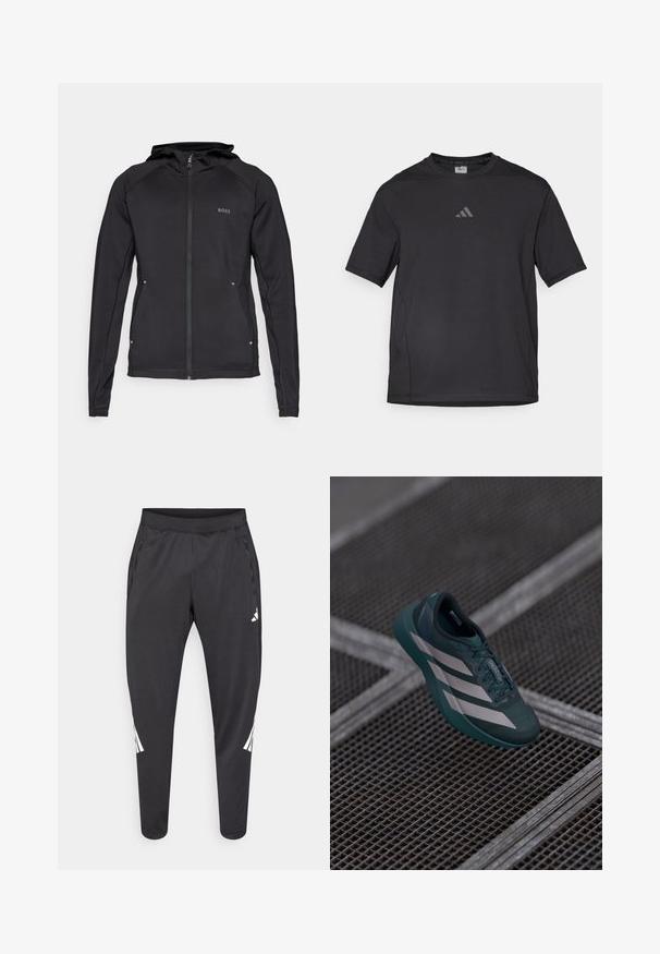 Fekete sportos dzseki cipzáros elülső résszel, kapucnival és lapos varrásokkal. A bal felső oldalon emblémát, az alján pedig fényvisszaverő elemeket tartalmaz.; Fekete sport póló lélegző anyagból, rövid ujjú, kerek nyakkal és fényvisszaverő logóval a mellkasán.; Fekete sportnadrág karcsúsított szárakkal, rugalmas derékrésszel, oldalzsebekkel, valamint fehér logóval és csíkozással. Sima, könnyű anyagból készült.; Sötét teal színű sportcipő texturált felsőrésszel, három fehér csíkkal, lekerekített orral és párnázott talppal.