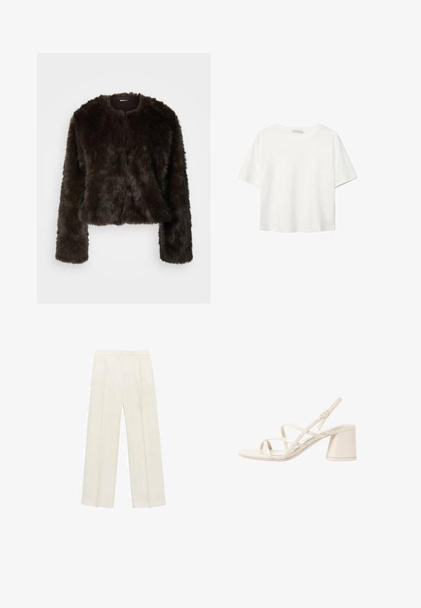 Rjav umetni krzneni jakni s kratkim krojem, okroglim izrezom in dolgimi rokavi. Gladka tekstura, mehak videz, brez vidnih zapiranj ali vzorcev.; Bela kratka majica s kratkimi rokavi iz bombaža. Ima okroglo izrezovanje in sproščen kroj. Gladka tekstura brez vidnih vzorcev ali poudarkov.; Hlače širokih nogavic v svetli kremni barvi. Narejene iz gladkega materiala s plitkimi naborki spredaj in stranskimi žepi.; Bež sandali na peto s tankimi, križnimi trakovi, odprtimi prsti in kvadratno blok peto. Gladek patentiran zaključek, nastavljiv trak okoli gležnja.