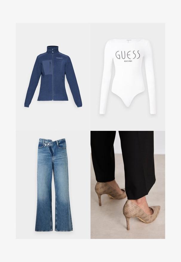 Marinblå fleecejacka med hög krage, framdragkedja och ficka på vänster bröst. Strukturerad tyg och släta sömmar. Två sidofickor.; Vit långärmad bodysuit med rund halsringning. Har "GUESS"-logotypen och "EST.1981" tryckt i svart på framsidan. Slät textur.; Ljust blå denim jeans med utsvängda ben och hög midja, med två knappar och framfickor. Tyget har en blekt textur med subtila variationer.; Beige högklackade skor med en strukturerad tyg som har ett upprepande mönster. Spetsig tån design med bakakcent och detaljer i guld på klacken.