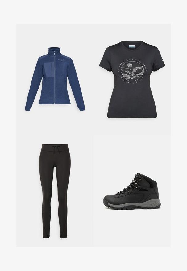 Jūras spēku zils flīsa žakets ar augstu apkakli, priekšējo rāvējslēdzēju un kreisās krūts kabatu. Strukturēta auduma un plakani darbi. Divas sānu kabatas.; Melnā Columbia T-kreklā ar baltu apļa kalnu un upes kontūru mākslu, kā arī tekstu "Columbia Sportswear Company Outside Since 1938."; Melnas legingi ar augstu jostasvietu, pievilkšanas auklu, gludu tekstūru un pieguļošu dizainu. Iekļautas šuvju detaļas gar sāniem.; Melni pārgājienu zābaki ar vidēju augstumu, ar teksturētu augšdaļu, pelēkiem akcentiem un izturīgu gumijas zoli ar saķeres izvirzījumiem.