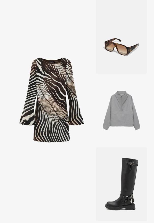 Grå kvart-zip pullover, der har en høj krave og lange ærmer. Fremstillet af struktureret stof med et subtilt mønster og en afslappet pasform.; Langærmet kjole i brun og cremelæder med zebra-stribe mønster. Blødt tekstil, udluftede ærmer og rund halsudskæring.; RAID WESTINN - Plateaustøvler - black; Chunky skildpaddebrune solbriller med brune gradientlinser; rektangulær form og flade sider. Logo indgraveret på stangen.