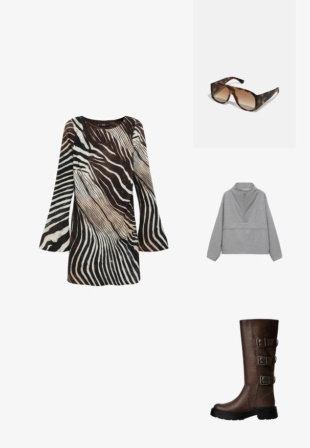 Gray quarter-zip pullover, featuring a high collar and long sleeves. Made from textured fabric with a subtle pattern and a relaxed fit.; Long-sleeve dress in brown and cream with a zebra stripe pattern. Soft textile, flared sleeves, and a round neckline.; Brown leather knee-high boot with three metallic buckles, textured surface, rounded toe, and chunky sole for stability.; Chunky tortoiseshell sunglasses with brown gradient lenses; rectangular shape and flat sides. Logo engraved on the temple.