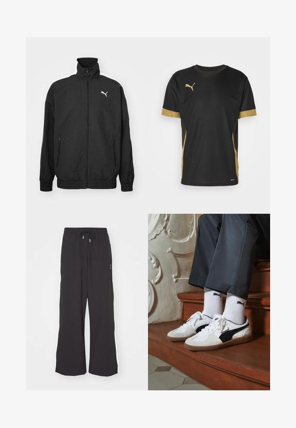 Zwarte zip-up jack met hoge kraag, elastische manchetten, zijzakken en wit Puma-logo op de linkerkant van de borst; gladde stoftextuur.; Zwarte sport T-shirt met gouden accenten op de mouwen en zijkanten. Voorzien van een ronde hals, korte mouwen en vochtregulerende DRYCELL-stof.; Zwarte wijde sweatpants met een elastische tailleband en trekkoord. Voorzien van witte zijstrepen en twee zijzakken. Glad textuur.; Puma sneakers in wit en zwart suède, met een bruine rubberen zool. Gecombineerd met witte sokken met een zwart logo, gedragen met donkere broek.