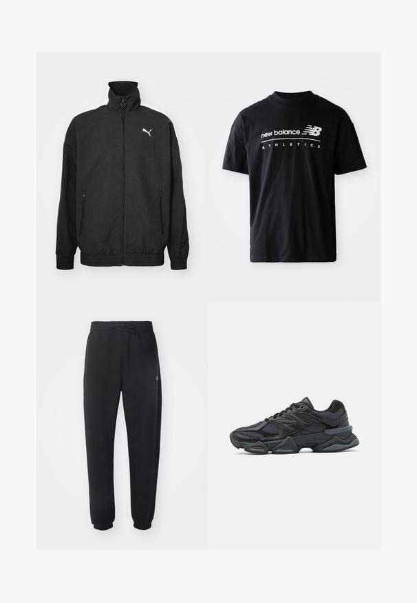 Crna jakna s patentnim zatvaračem i visokim ovratnikom, elastičnim manžetama, bočnim džepovima i bijelim Puma logotipom na lijevoj strani prsnog područja; glatka tekstura tkanine.; Crna pamučna majica s kratkim rukavima i okruglim izrezom, na prednjoj strani s bijelim natpisima "new balance" i "ATHLETICS".; Crne sweatpants napravljene od mekog materijala s elastičnom trakom u struku, žicom za zatezanje i suženim manžetama, s blagim logotipom sa strane.; Crne trkačke tenisice izrađene od kombinacije mrežastih i sintetičkih materijala, s debelim potplatom, zakrivljenim dizajnom i istaknutim brendom sa strane.