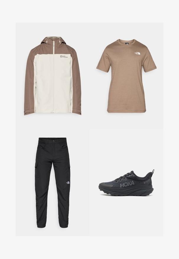 Jack Wolfskin TAUBENBERG 3IN1 JACKET - Zimska jakna - seal; Majica s kratkimi rokavi iz svetlo rjavega bombaža z majhnim belim logotipom na prsih. Klasičen kroj s krožnim vratnim izrezom, gladka tekstura in standardna prileganje.; The North Face HORIZON PANT - Hlače za na prostem - black; Črne tekaške čevlje Hoka z mrežasto zgornjim delom, teksturiranimi podrobnostmi in debelim, oblazinjenim podplatom s koničastimi robovi za izboljšano podporo.