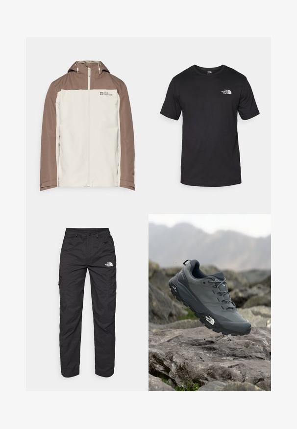 Jack Wolfskin TAUBENBERG 3IN1 JACKET - Jachetă de iarnă - seal; Tricou scurt din bumbac, de culoare neagră, cu guler rotund și un mic logo alb în partea de sus a pieptului stâng.; Pantaloni cargo negri, confecționați dintr-un material ușor. Prezintă buzunare laterale cu fermoar și un logo pe coapsa stângă. Design cu picioare drepte.; Pantof de alergare pe trasee gri, cu o partieră texturată, talpă din cauciuc durabil și vârf întărit. Dispune de șireturi și logo-ul brandului pe lateral.