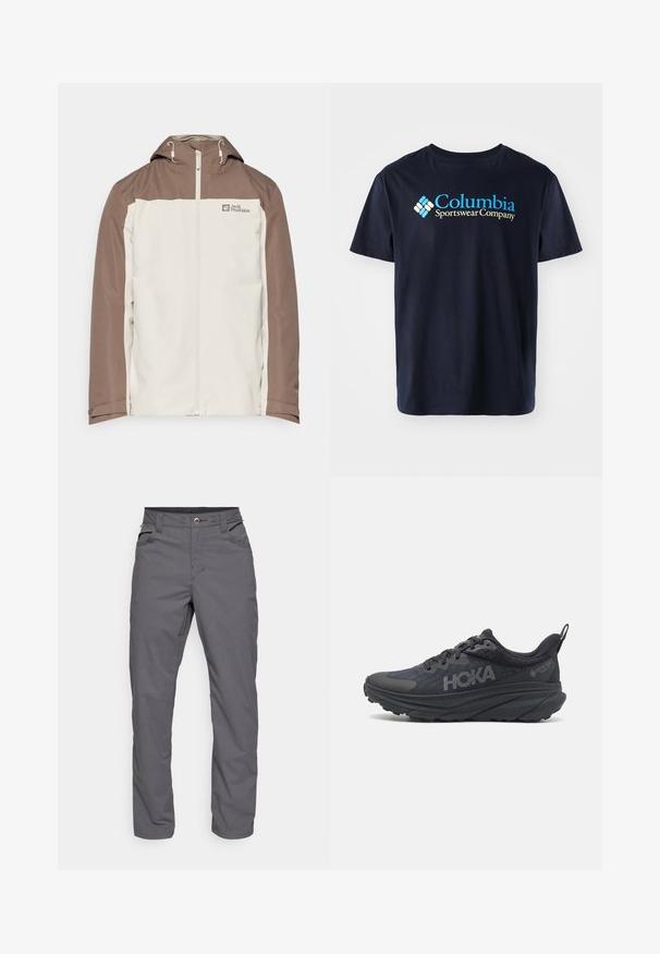 Jack Wolfskin TAUBENBERG 3IN1 JACKET - Winter jacket - seal; Columbia BASIC LOGO™ SHORT SLEEVE - Print T-shirt - black; Gray, straight-leg trousers made of lightweight fabric. Features two front pockets and a zip fly with a button closure. Smooth texture.; Black Hoka running shoe featuring a mesh upper, textured details, and a thick, cushioned sole with tapered edges for enhanced support.