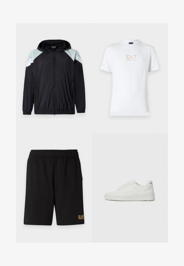 Lahka črna jakna s kapuco, ki ima akcenta mint zelene barve na ramenih in bele črte. Vključuje žepke z zadrgo in elastične manšete.; Bela bombažna majica s krožnim izrezom in kratkimi rokavi, s pozlačenim logotipom EA7 Emporio Armani natisnjenim spredaj.; Črne športne kratke hlače iz mehkega blaga, z elastičnim pasom in majhnim rumenim logotipom EA7 na spodnjem levem delu noge.; Bela usnjena športna obutev z gladko površino, okroglo prst, ravne vezalke in teksturiran podplat. Ima diskretno logo na peti.