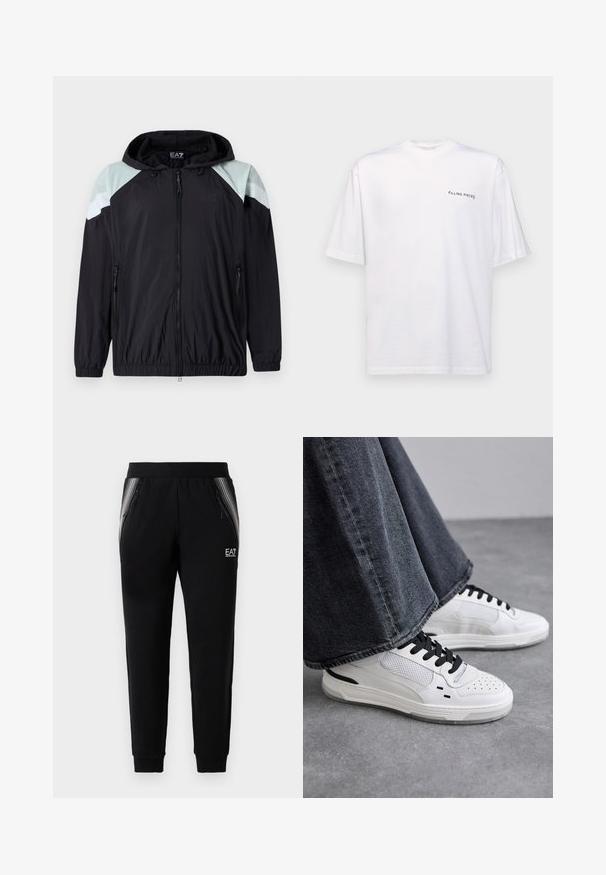 Lightweight black jacket with hood, featuring mint green shoulder accents and white striped detailing. Includes zippered pockets and elastic cuffs.; White short-sleeve t-shirt in cotton with a v-neck, featuring a black "FILLING PIECES" logo printed on the left side.; Black tapered sweatpants with zippered side pockets, striped panel accents, elastic waistband, and EA7 Emporio Armani logo on the right thigh.; White sneakers with black laces and mesh detailing. Features a smooth leather upper and a textured rubber sole. Paired with wide-leg grey jeans.